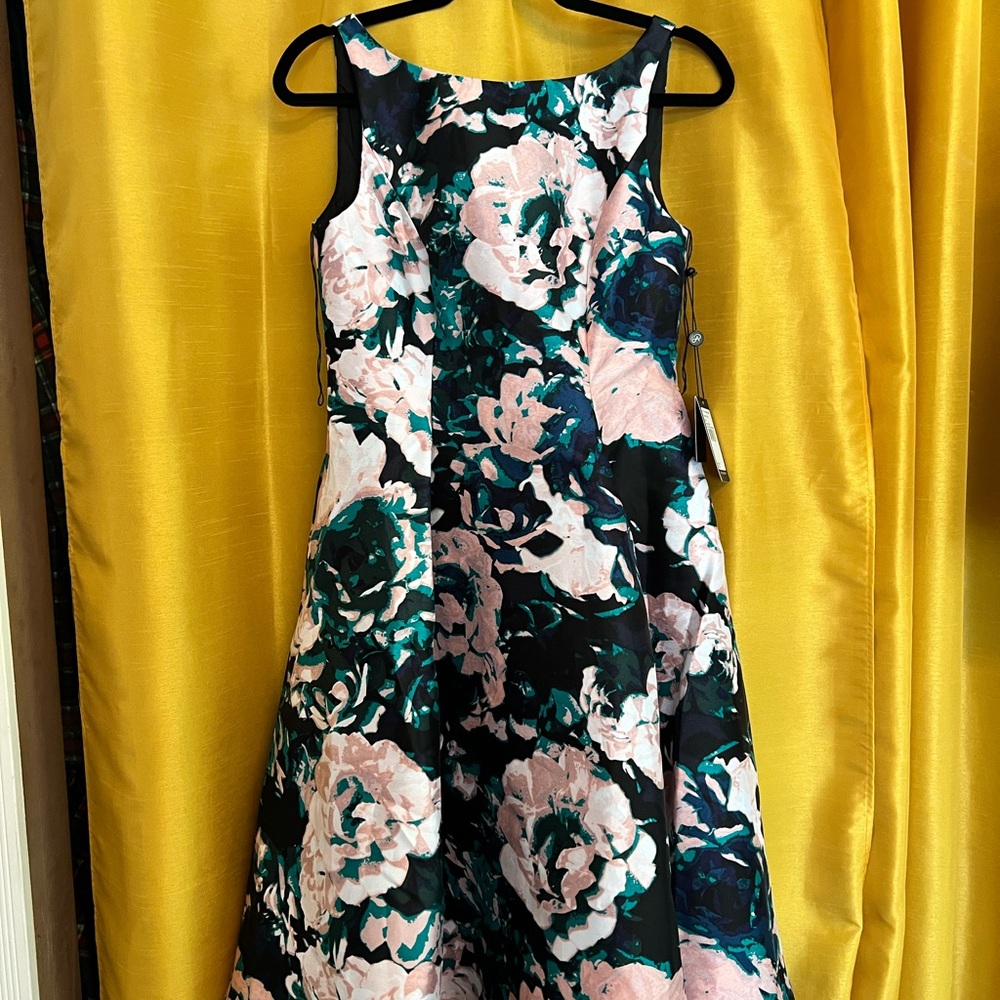 Adrianna Papell Black and Pink Boat Neck Midi Dress